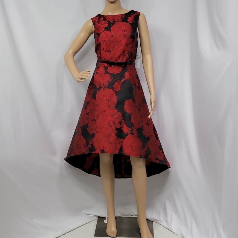 Donna Ricco Black and Red Floral High Low Dress
